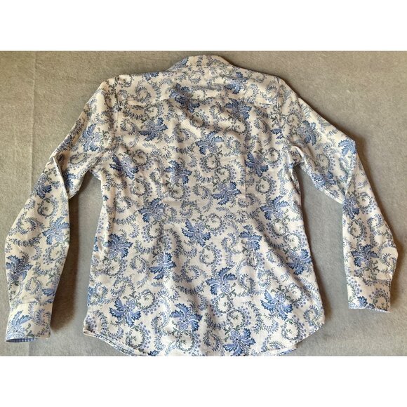 Chaps Black Label Womens M No Iron Blue White Floral Button Shirt Logo Buttons - Picture 13 of 16